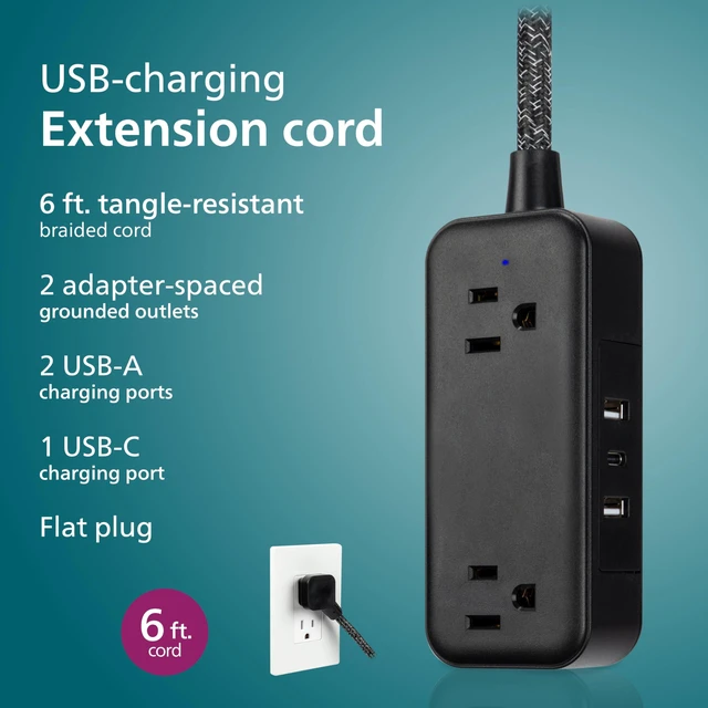 Alt view image 3 of 6 - 2-Outlet Braided Extension Cord, 1 USB-C, 2 Type-A Ports Multiple Outlets, Flat Plug Power Strip, Power Strip with USB Ports, ETL Listed, Black, SPS3564B/37