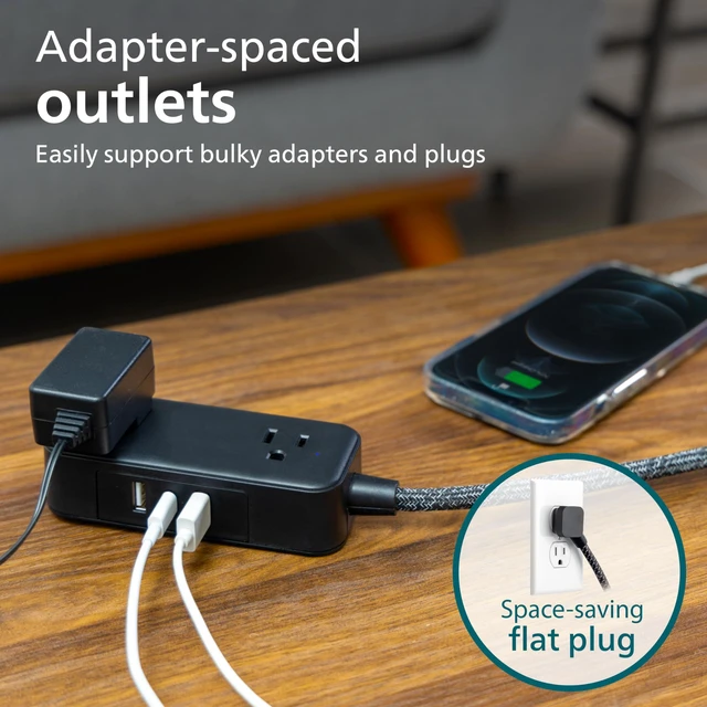Alt view image 4 of 6 - 2-Outlet Braided Extension Cord, 1 USB-C, 2 Type-A Ports Multiple Outlets, Flat Plug Power Strip, Power Strip with USB Ports, ETL Listed, Black, SPS3564B/37