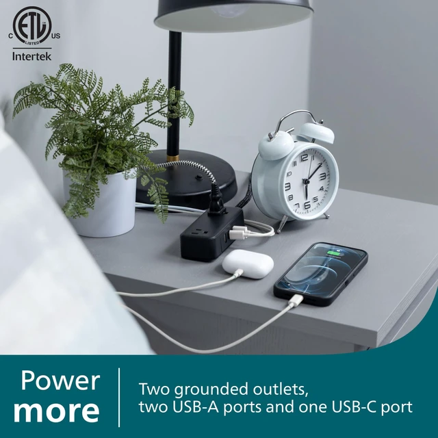 Alt view image 6 of 6 - 2-Outlet Braided Extension Cord, 1 USB-C, 2 Type-A Ports Multiple Outlets, Flat Plug Power Strip, Power Strip with USB Ports, ETL Listed, Black, SPS3564B/37