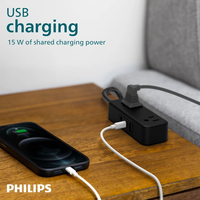 Alt view image 5 of 6 - 2-Outlet Braided Extension Cord, 1 USB-C, 2 Type-A Ports Multiple Outlets, Flat Plug Power Strip, Power Strip with USB Ports, ETL Listed, Black, SPS3564B/37