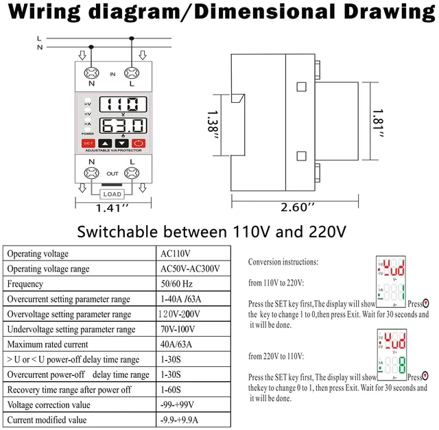 Alt view image 2 of 7 - Voltage Protector 110V 220V, 63A Adjustable Smart Circuit Breaker(2PCS) Real-time voltage & current display, High/Low Voltage Cutoff and Overcurrent Protection