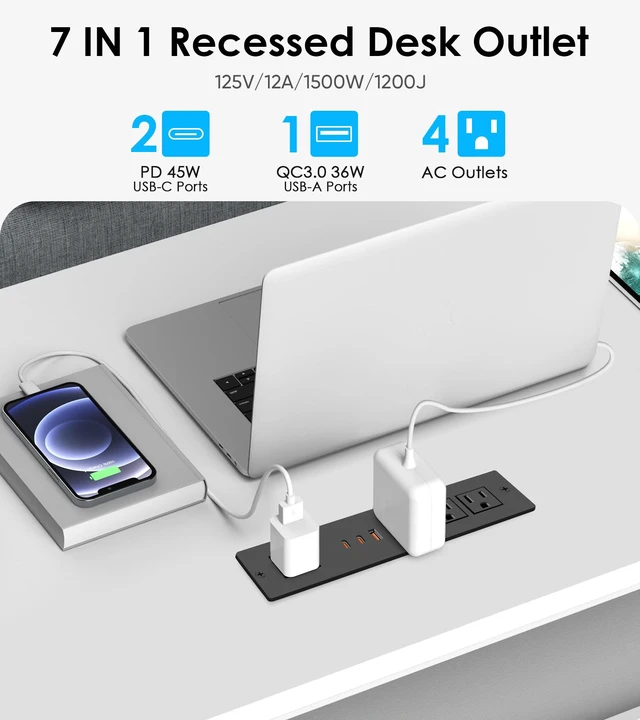 Alt view image 2 of 7 - 45W USB C Recessed Power Strip, Ultra Thin Flat Plug Recessed Outlet, 4 AC Outlets & 3 USB Port, Flush Mount for Conference Rooms, Office Tables, Furniture-10FT Cord