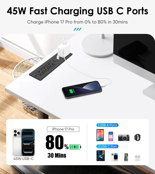 Alt view image 3 of 7 - 45W USB C Recessed Power Strip, Ultra Thin Flat Plug Recessed Outlet, 4 AC Outlets & 3 USB Port, Flush Mount for Conference Rooms, Office Tables, Furniture-10FT Cord
