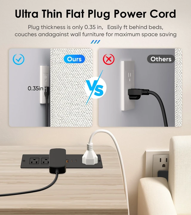 Alt view image 5 of 7 - 45W USB C Recessed Power Strip, Ultra Thin Flat Plug Recessed Outlet, 4 AC Outlets & 3 USB Port, Flush Mount for Conference Rooms, Office Tables, Furniture-10FT Cord