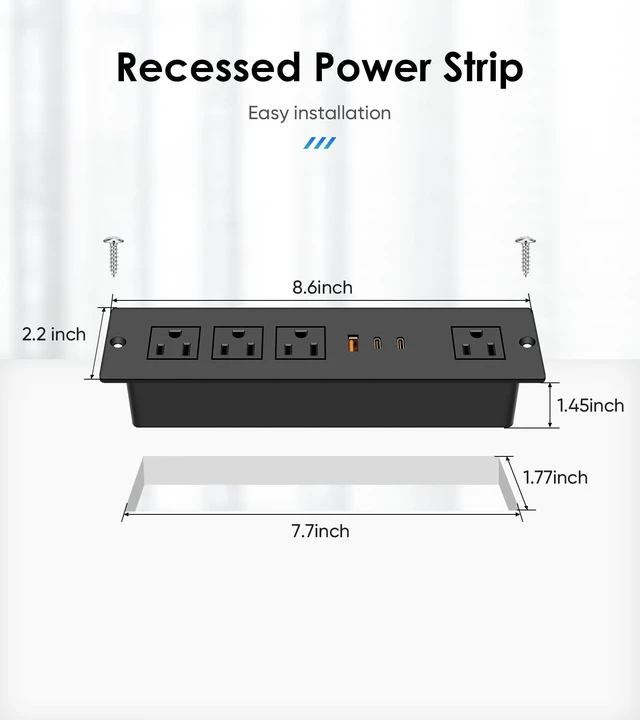 Alt view image 6 of 7 - 45W USB C Recessed Power Strip, Ultra Thin Flat Plug Recessed Outlet, 4 AC Outlets & 3 USB Port, Flush Mount for Conference Rooms, Office Tables, Furniture-10FT Cord