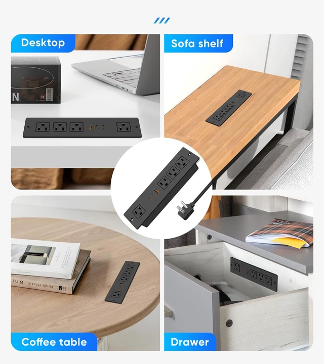 Alt view image 7 of 7 - 45W USB C Recessed Power Strip, Ultra Thin Flat Plug Recessed Outlet, 4 AC Outlets & 3 USB Port, Flush Mount for Conference Rooms, Office Tables, Furniture-10FT Cord