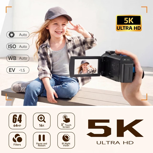 Alt view image 2 of 7 - 5K Video Camera Camcorder, 64MP UHD Vlogging Camera for YouTube with 16X Zoom, IR Night Vision, 3.0" Touch Screen, Stabilizer, Mic, 2 Batteries+32GB Card, Gift for Dad
