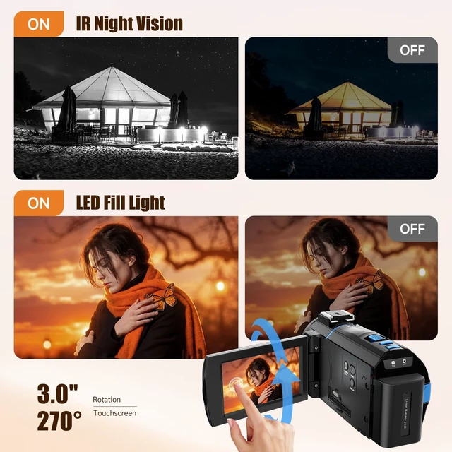 Alt view image 3 of 7 - 5K Video Camera Camcorder, 64MP UHD Vlogging Camera for YouTube with 16X Zoom, IR Night Vision, 3.0" Touch Screen, Stabilizer, Mic, 2 Batteries+32GB Card, Gift for Dad