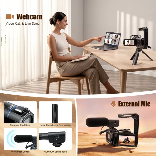 Alt view image 4 of 7 - 5K Video Camera Camcorder, 64MP UHD Vlogging Camera for YouTube with 16X Zoom, IR Night Vision, 3.0" Touch Screen, Stabilizer, Mic, 2 Batteries+32GB Card, Gift for Dad
