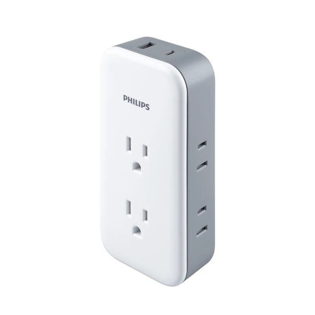 Alt view image 2 of 7 - Surge Protector Outlet Extender + USB Ports, 6 Outlet Wide-Spaced Side & Top Access, 3 Prong, 2 Prong, 1 USB-C, 1 USB-A, 490 Joules, Multi Plug Wall Splitter, Power Tap, Adapter, Expander