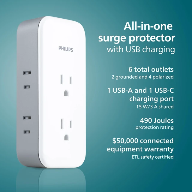 Alt view image 3 of 7 - Surge Protector Outlet Extender + USB Ports, 6 Outlet Wide-Spaced Side & Top Access, 3 Prong, 2 Prong, 1 USB-C, 1 USB-A, 490 Joules, Multi Plug Wall Splitter, Power Tap, Adapter, Expander