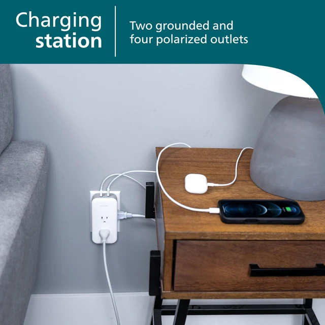 Alt view image 4 of 7 - Surge Protector Outlet Extender + USB Ports, 6 Outlet Wide-Spaced Side & Top Access, 3 Prong, 2 Prong, 1 USB-C, 1 USB-A, 490 Joules, Multi Plug Wall Splitter, Power Tap, Adapter, Expander