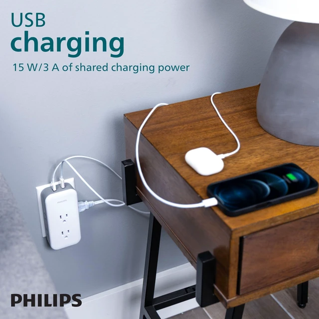 Alt view image 6 of 7 - Surge Protector Outlet Extender + USB Ports, 6 Outlet Wide-Spaced Side & Top Access, 3 Prong, 2 Prong, 1 USB-C, 1 USB-A, 490 Joules, Multi Plug Wall Splitter, Power Tap, Adapter, Expander