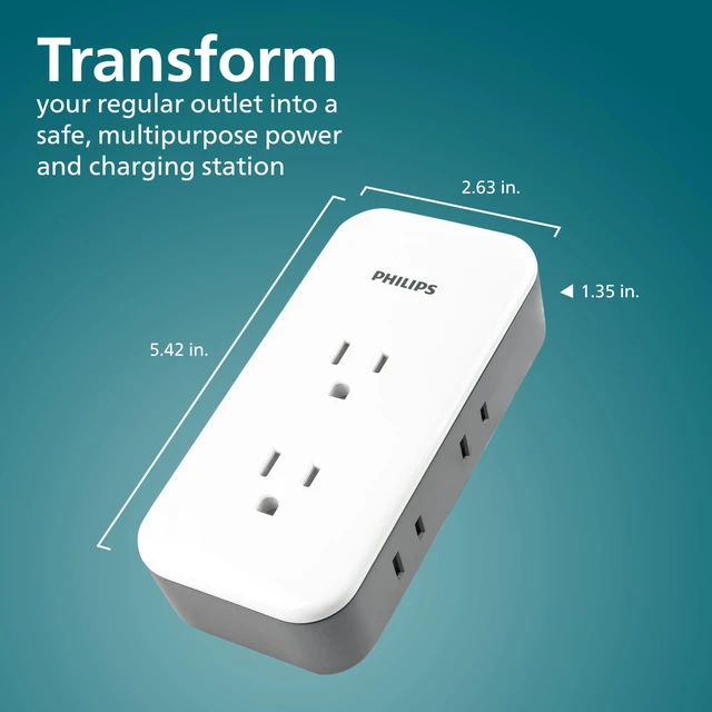 Alt view image 7 of 7 - Surge Protector Outlet Extender + USB Ports, 6 Outlet Wide-Spaced Side & Top Access, 3 Prong, 2 Prong, 1 USB-C, 1 USB-A, 490 Joules, Multi Plug Wall Splitter, Power Tap, Adapter, Expander