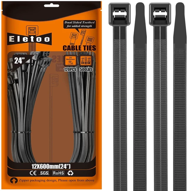 Main image of 24 Inch Zip Ties Heavy Duty 120 Pack Black Long Cable Ties 500 LBS Extra Strong, UV Resistant Cable Ties, Weatherproof, Self-Locking for Indoor and Outdoor