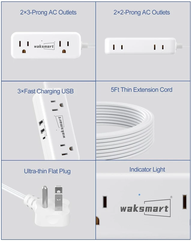 Alt view image 7 of 7 - Flat Plug Extension Cord 5 Ft with 4 AC Outlets 3 USB Ports (5V/3.4A 17W) Flat Plug Power Strip Compact for College Dorm, Travel, Home, White