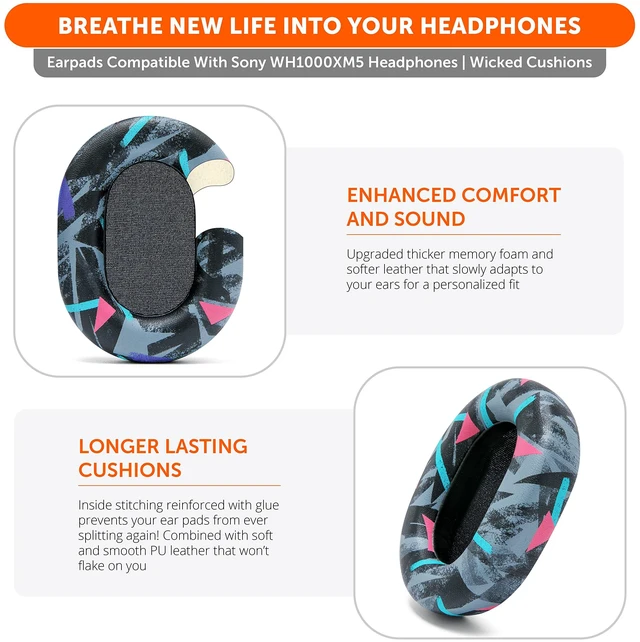 Alt view image 4 of 7 - PadZ XM5 - Premium Replacement Earpads Compatible with Sony WH-1000XM5 Made by Wicked Cushions Soft PU Leather, Extra Thick, Noise-Isolating Memory Foam 90s Black