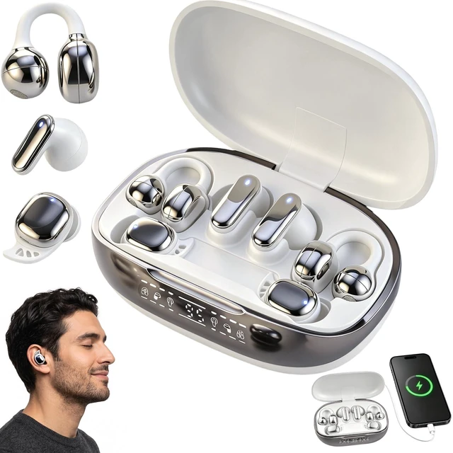 Main image of 6in1 Bluetooth Wireless Earbuds, Interchangeable Clipon, InEar & Sleep Earphones with Rechargeable Charging Case, APP EQ Control, LED Digital Display, Low Latency Headphones for Sports and Travel