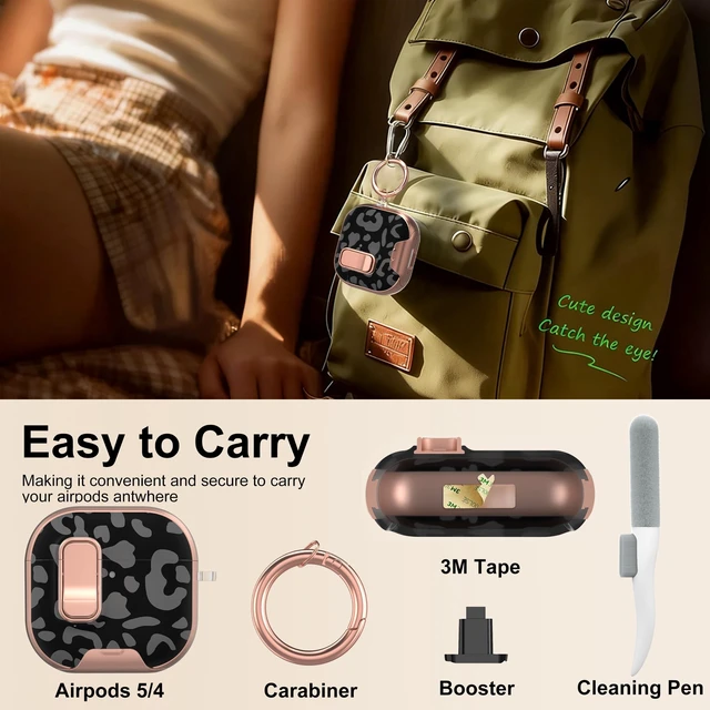 Alt view image 7 of 7 - for AirPods 5/4 Case (2026/2024) with Lock & Phone Stand, Gray Leopard Magsafe Compatible,Two-Piece Design, Clear TPU for Apple Airpod 5th/4th Generation Case Cover with Keychain & Cleaner Kit