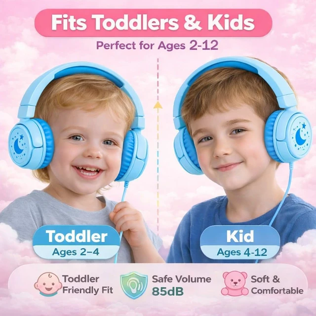 Alt view image 2 of 7 - K6 Kids Headphones for Toddler & Kids Ages 2-12, 85/94dB Safe Volume Limited, Wired with 3.5mm Jack, HD Microphone, Adjustable & Foldable, On-Ear Headphones for Tablet, School, Travel (Cyan)