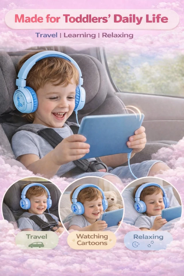 Alt view image 5 of 7 - K6 Kids Headphones for Toddler & Kids Ages 2-12, 85/94dB Safe Volume Limited, Wired with 3.5mm Jack, HD Microphone, Adjustable & Foldable, On-Ear Headphones for Tablet, School, Travel (Cyan)