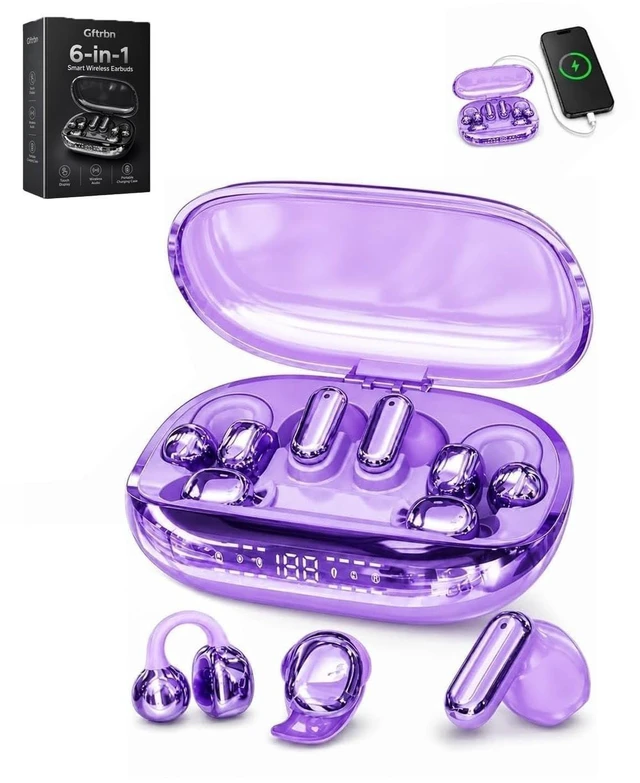 Main image of 6-in-1 Smart Wireless Earbuds Open-Ear Clip-On & Mini Sleep Headphones Bluetooth 6.0 Dual Chip with Case AI ENC Noise Cancellation 3D Spatial Surround Sound LED Display for Workout Travel(Purple)