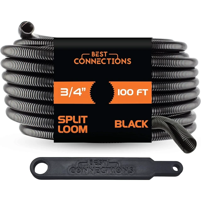 Main image of 3/4" x 100 ft Split Wire Loom Flex-Guard Convoluted Tubing with Installation Tool - Protective Cable Sleeves for Automotive Home Electrical Wires Chemical Resistant Conduit Black