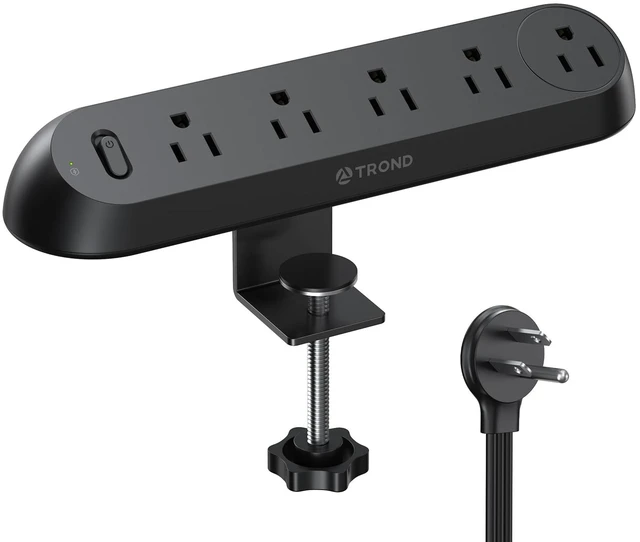 Main image of Power Strip Desk Clamp, Flat Plug 6ft Cord, 1700J, ETL Listed Surge Protector Power Strip with 5 AC Outlets, Fits 1.97 inch Tabletop Edge, for Home Office Desk Accessories, Black