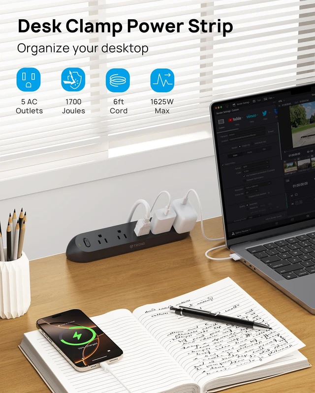 Alt view image 2 of 7 - Power Strip Desk Clamp, Flat Plug 6ft Cord, 1700J, ETL Listed Surge Protector Power Strip with 5 AC Outlets, Fits 1.97 inch Tabletop Edge, for Home Office Desk Accessories, Black