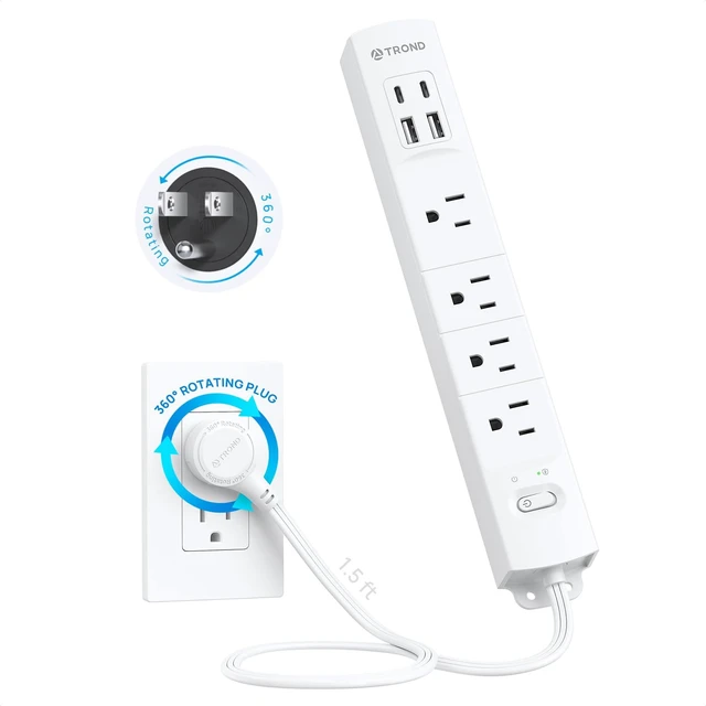 Main image of Wall Mount Surge Protector Power Strip with 360 Rotating Plug, 1.5ft 4 AC, 2 USB-C & 2 USB-A, 1440J, 13A/1625W, Fit Home Office Dorm Room Under Desk Cable Management Tray, ETL Listed, White