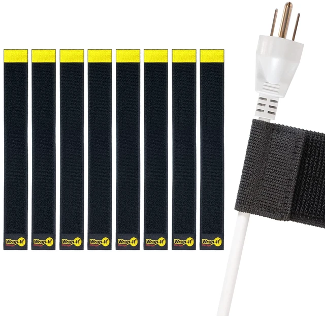 Main image of Selfie Straps by, 12-inch (8-Pack), Black Stretchy Hook and Loop Cord Organizer that Stays Attached to Cord for Electrical Cable Management and Organization