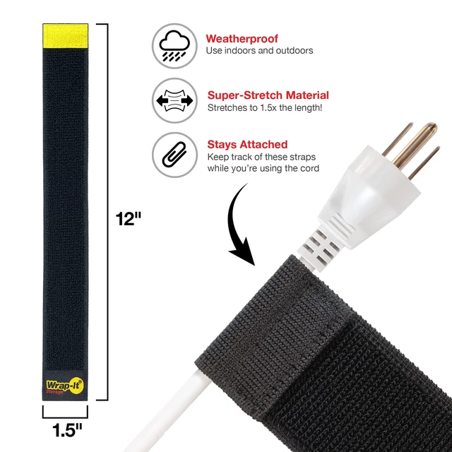 Alt view image 5 of 7 - Selfie Straps by, 12-inch (8-Pack), Black Stretchy Hook and Loop Cord Organizer that Stays Attached to Cord for Electrical Cable Management and Organization