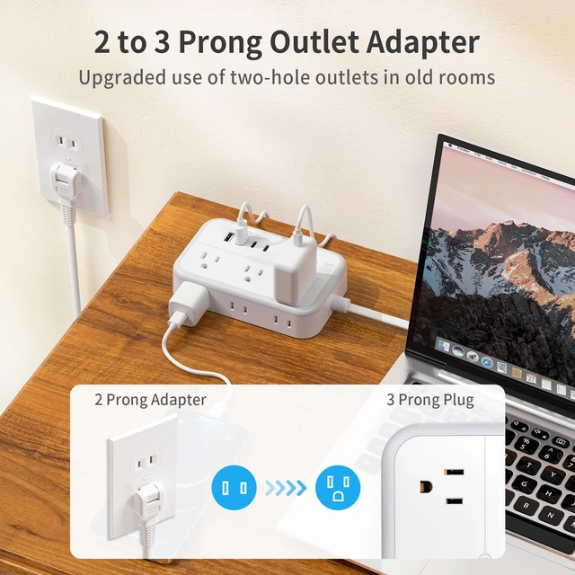Alt view image 2 of 6 - 2 Prong Power Strip, 1875W/15A 2 Prong to 3 Prong Outlet Adapter, Power Strip with 4 USB Ports(2 USB C), 5 FT Rotating Flat Plug Extension Cord for Old House, Wall Mount