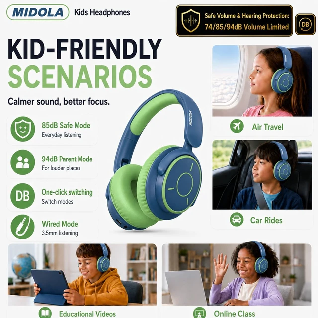 Alt view image 3 of 7 - Kids Bluetooth Headphones Wireless Over-Ear,68Hrs,Volume Limit 85/94dB Built-in Mic,Adjustable Headband Foldable Lightweight for Toddler School Girls Boys,Stereo Sound,Wired by Aux 3.5mm Green