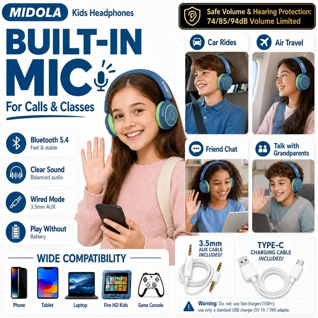 Alt view image 4 of 7 - Kids Bluetooth Headphones Wireless Over-Ear,68Hrs,Volume Limit 85/94dB Built-in Mic,Adjustable Headband Foldable Lightweight for Toddler School Girls Boys,Stereo Sound,Wired by Aux 3.5mm Green