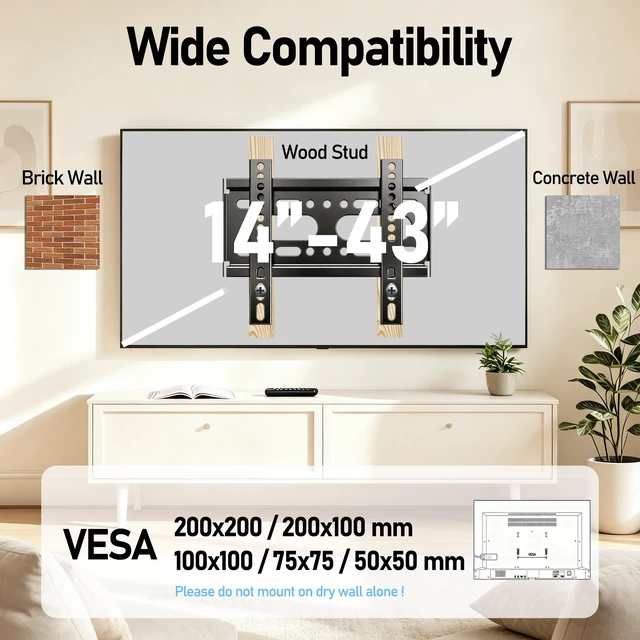 Alt view image 5 of 7 - TV Wall Mount Bracket Low Profile Fixed for 14-43 Inch Flat Screen TVs & Monitors Up to 55lbs, Universal TV Monitor Mount Fits 8" Wood Studs Max VESA 200x200mm (Pack of 2)