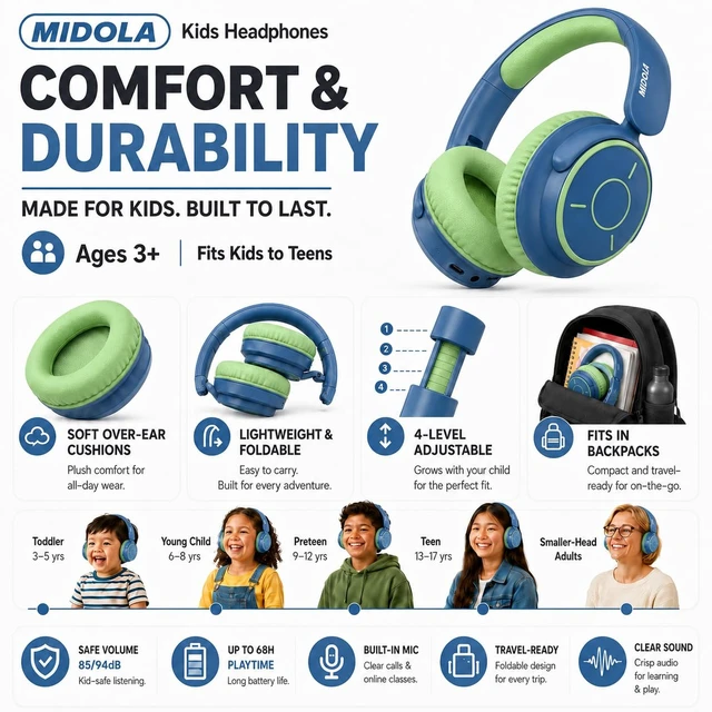 Alt view image 7 of 7 - Kids Bluetooth Headphones Wireless Over-Ear,68Hrs,Volume Limit 85/94dB Built-in Mic,Adjustable Headband Foldable Lightweight for Toddler School Girls Boys,Stereo Sound,Wired by Aux 3.5mm Green