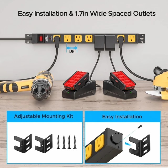 Alt view image 2 of 7 - 8-Outlet Mountable Power Strip, 2100J Surge Protector, 6FT Cord, 2PK ETL Listed, Heavy Duty Metal Power Bar, Wall Mount for Under Desk, Workshop and Garage