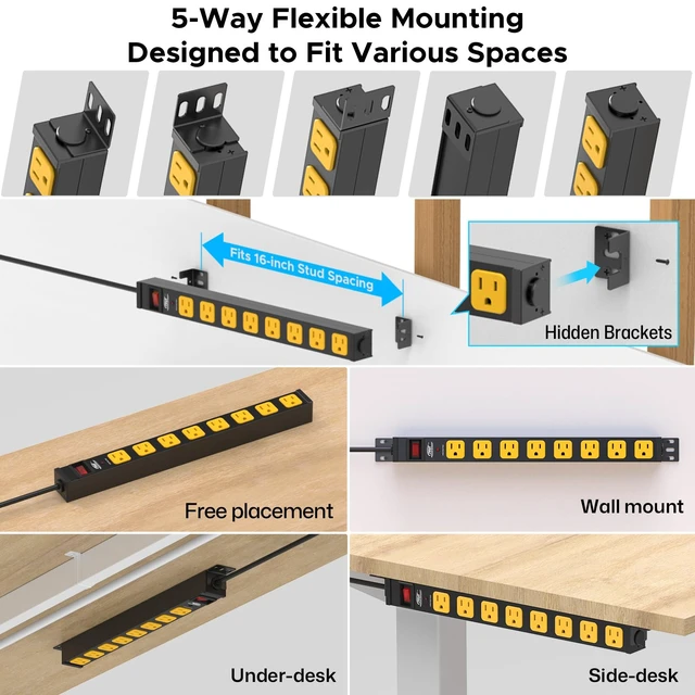 Alt view image 3 of 7 - 8-Outlet Mountable Power Strip, 2100J Surge Protector, 6FT Cord, 2PK ETL Listed, Heavy Duty Metal Power Bar, Wall Mount for Under Desk, Workshop and Garage