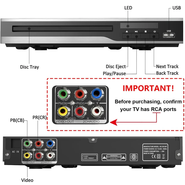Alt view image 3 of 7 - DVD Player RCA/AV Connection, Region Free DVD Players for CD/DVD's Not Support HDMI. Compact DVD Player with NTSC/PAL System, AV/RCA Cable, USB Input, Remote Control