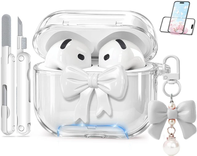 Main image of for Airpods 5/4 Case Pink with Safety Lock & Phone Stand, 3D Bow Clear Case with Cute Keychain & Cleaning Kit for Apple Airpods 4/5th (2024/2026) Generation Soft TPU Cover for Girls Women (White)