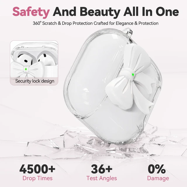 Alt view image 3 of 6 - for Airpods 5/4 Case Pink with Safety Lock & Phone Stand, 3D Bow Clear Case with Cute Keychain & Cleaning Kit for Apple Airpods 4/5th (2024/2026) Generation Soft TPU Cover for Girls Women (White)