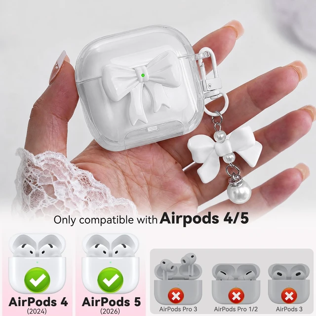 Alt view image 5 of 6 - for Airpods 5/4 Case Pink with Safety Lock & Phone Stand, 3D Bow Clear Case with Cute Keychain & Cleaning Kit for Apple Airpods 4/5th (2024/2026) Generation Soft TPU Cover for Girls Women (White)