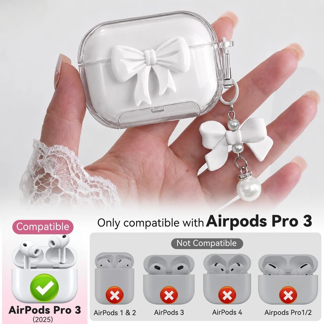 Alt view image 2 of 7 - for AirPods Pro 3 Case 2025 with Safety Lock & Phone Stand, Cute Clear Pink 3D Bow Cover with Keychain & Cleaning Kit, Auto-Open TPU Protective Shell for AirPods Pro 3rd Generation Women Girls (White)