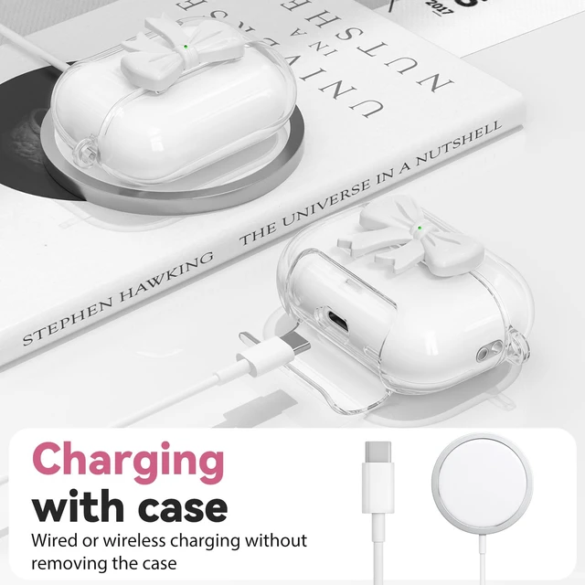 Alt view image 5 of 7 - for AirPods Pro 3 Case 2025 with Safety Lock & Phone Stand, Cute Clear Pink 3D Bow Cover with Keychain & Cleaning Kit, Auto-Open TPU Protective Shell for AirPods Pro 3rd Generation Women Girls (White)
