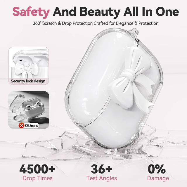 Alt view image 4 of 7 - for AirPods Pro 3 Case 2025 with Safety Lock & Phone Stand, Cute Clear Pink 3D Bow Cover with Keychain & Cleaning Kit, Auto-Open TPU Protective Shell for AirPods Pro 3rd Generation Women Girls (White)