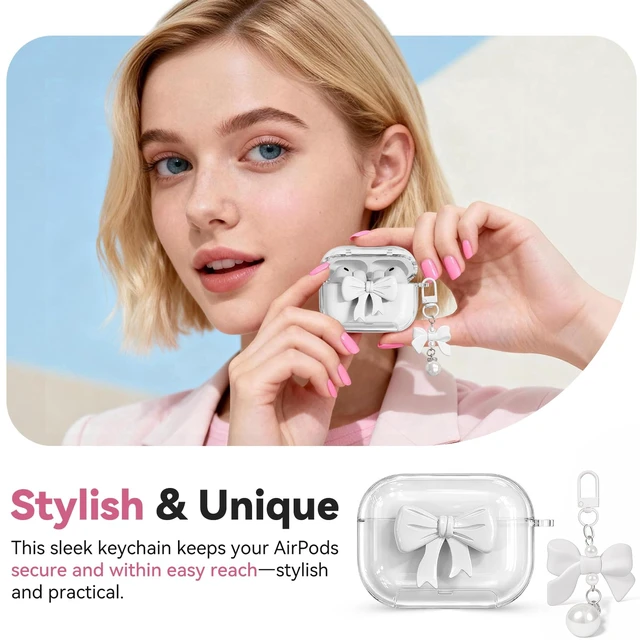 Alt view image 6 of 7 - for AirPods Pro 3 Case 2025 with Safety Lock & Phone Stand, Cute Clear Pink 3D Bow Cover with Keychain & Cleaning Kit, Auto-Open TPU Protective Shell for AirPods Pro 3rd Generation Women Girls (White)