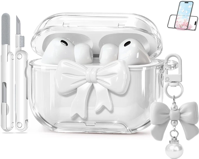 Main image of for AirPods Pro 3 Case 2025 with Safety Lock & Phone Stand, Cute Clear Pink 3D Bow Cover with Keychain & Cleaning Kit, Auto-Open TPU Protective Shell for AirPods Pro 3rd Generation Women Girls (White)
