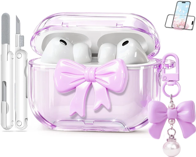 Main image of for Airpods Pro 3 Case Pink 2025 with Safety Lock & Phone Stand, Bow Clear iPod Pro 3 Cases with Cute Keychain & Cleaning Kit, Soft TPU Cover for AirPods Pro 3rd Generation Case Girls Women (Purple)