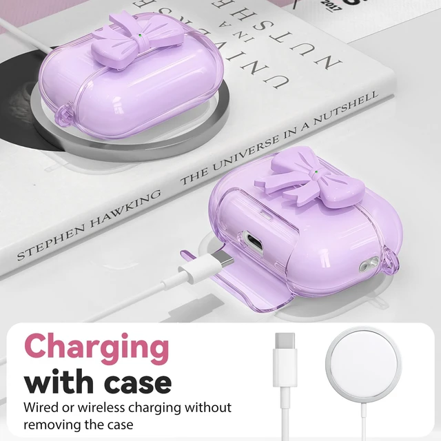 Alt view image 5 of 7 - for Airpods Pro 3 Case Pink 2025 with Safety Lock & Phone Stand, Bow Clear iPod Pro 3 Cases with Cute Keychain & Cleaning Kit, Soft TPU Cover for AirPods Pro 3rd Generation Case Girls Women (Purple)